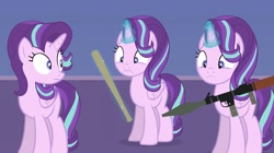 Size: 1680x944 | Tagged: safe, artist:forgalorga, imported from derpibooru, starlight glimmer, alicorn, pony, alicornified, baseball bat, multeity, new pony worlds, race swap, rocket launcher, self paradox, self ponidox, starlicorn, starlight cluster, triality, youtube link