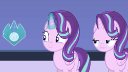 Size: 1432x808 | Tagged: safe, artist:forgalorga, imported from derpibooru, starlight glimmer, alicorn, pony, :i, alicornified, are you fucking kidding me, crystal, duality, glowing, glowing horn, horn, levitation, magic, meme face, race swap, self paradox, self ponidox, starlicorn, telekinesis