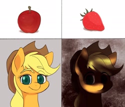 Size: 2337x2001 | Tagged: safe, artist:noupu, imported from derpibooru, applejack, earth pony, pony, apple, applejack becoming uncanny, applejack's hat, bust, cowboy hat, eye clipping through hair, eyebrows, eyebrows visible through hair, female, food, fruit, hat, mare, meme, mr. incredible becoming uncanny, ponified meme, portrait, strawberry, that pony sure does hate strawberries, that pony sure does love apples, those who don't know