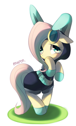 Size: 1231x2036 | Tagged: safe, alternate version, artist:maren, imported from derpibooru, fluttershy, pegasus, pony, 2013, bipedal, bunny ears, clothes, costume, cute, dangerous mission outfit, female, goggles, hoodie, looking at you, mare, old art, shy, simple background, solo, white background