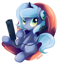 Size: 911x1025 | Tagged: safe, alternate version, artist:maren, imported from derpibooru, princess luna, alicorn, pony, gamer luna, 2013, controller, cute, female, filly, foal, lunabetes, magic, old art, simple background, sitting, solo, white background, wii remote, woona, younger