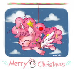 Size: 1269x1196 | Tagged: safe, alternate version, artist:maren, imported from derpibooru, pinkie pie, earth pony, pony, 2013, alicorn party, christmas, cute, diapinkes, fake horn, fake wings, female, flying, holiday, merry christmas, old art, partycorn, solo