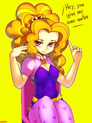 Size: 2200x2936 | Tagged: safe, alternate version, artist:maren, imported from derpibooru, adagio dazzle, human, equestria girls, rainbow rocks, 2014, adoragio, breasts, cleavage, clothes, cute, dialogue, female, gem, high res, jewelry, leggings, looking at you, necklace, old art, orange hair, pendant, pink eyes, reasonably sized breasts, simple background, siren gem, solo, spiked headband, talking to viewer, yellow background