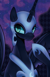 Size: 756x1169 | Tagged: safe, alternate version, artist:maren, imported from derpibooru, nightmare moon, alicorn, pony, 2014, armor, bust, fangs, female, helmet, hoof shoes, horn, looking at you, mare, old art, pointing at self, raised hoof, solo, spread wings, wings