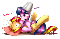 Size: 2800x1821 | Tagged: safe, alternate version, artist:maren, imported from derpibooru, sunset shimmer, twilight sparkle, alicorn, pony, unicorn, equestria girls, 2014, blushing, bucket, caught, dialogue, duo, embarrassed, female, headbucket, lesbian, lying down, old art, shipping, simple background, sunsetsparkle, twilight sparkle (alicorn), white background