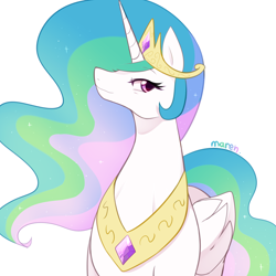Size: 2500x2500 | Tagged: safe, artist:maren, imported from derpibooru, princess celestia, alicorn, pony, 2018, crown, female, high res, horn, jewelry, looking at you, mare, necklace, old art, peytral, regalia, simple background, solo, white background, wings