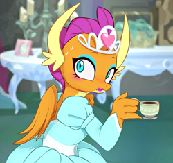 Size: 2900x2729 | Tagged: safe, alternate version, artist:maren, imported from derpibooru, smolder, dragon, what lies beneath, 2018, blushing, clothes, cup, cute, dragoness, dress, female, food, high res, jewelry, old art, princess outfit, princess smolder, smolderbetes, solo, tea, teacup, tiara