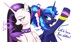 Size: 4346x2541 | Tagged: safe, artist:maren, imported from derpibooru, princess celestia, princess luna, alicorn, pony, between dark and dawn, 2019, 80s princess luna, alternate hairstyle, collar, dialogue, duo, emo, emolestia, female, goth, high res, old art, punklestia, simple background, spiked collar, white background