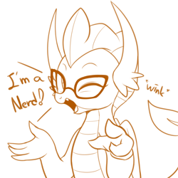 Size: 2400x2400 | Tagged: safe, artist:maren, imported from derpibooru, smolder, dragon, 2019, adorkable, cute, dialogue, dork, dragoness, egghead, female, glasses, high res, meganekko, monochrome, nerd, old art, one eye closed, open mouth, simple background, smolderbetes, solo, white background, wink