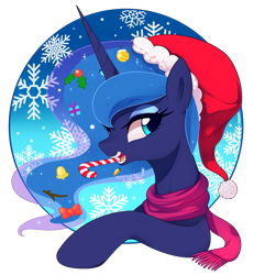 Size: 4100x4429 | Tagged: safe, artist:maren, imported from derpibooru, princess luna, alicorn, pony, 2018, absurd resolution, bell, bow, bust, candy, candy cane, christmas, clothes, commission, cute, female, food, hair bow, hat, holiday, holly, looking at you, mare, mouth hold, old art, pretty, santa hat, scarf, simple background, snow, snowflake, solo, transparent background