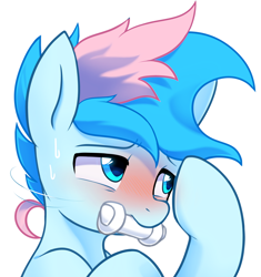 Size: 2700x2869 | Tagged: safe, artist:maren, imported from derpibooru, oc, oc only, oc:blue chewings, pony, 2020, avoiding eye contact, blushing, bust, chew toy, colt, foal, high res, male, old art, portrait, raised hoof, shy, simple background, solo, white background