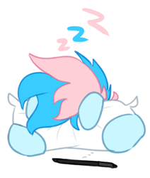 Size: 1916x2261 | Tagged: safe, artist:maren, imported from derpibooru, oc, oc only, oc:blue chewings, earth pony, pony, 2020, doodle, front view, old art, onomatopoeia, pillow, simple background, sleeping, solo, sound effects, stylus, white background, zzz