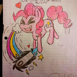 Size: 2048x2048 | Tagged: safe, artist:gobrosstar, imported from derpibooru, pinkie pie, earth pony, pony, chainsaw, eyes closed, lined paper, photo, rainbow, solo, traditional art