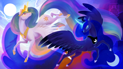 Size: 3840x2160 | Tagged: safe, artist:bluefeathercat, imported from derpibooru, princess celestia, princess luna, alicorn, pony, colored wings, crescent moon, crown, curved horn, female, flying, glowing, glowing horn, gradient wings, hoof shoes, horn, jewelry, magic, mare, moon, peytral, regalia, royal sisters, siblings, sisters, spread wings, sun, watermark, wings
