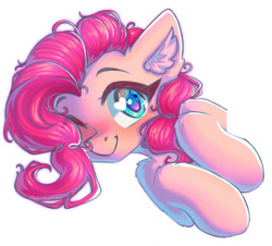 Size: 1107x1000 | Tagged: safe, artist:chaosangeldesu, imported from derpibooru, pinkie pie, earth pony, pony, ear fluff, female, mare, one eye closed, simple background, solo, white background