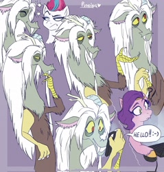 Size: 1958x2048 | Tagged: safe, artist:deepfantasy6, idw, imported from derpibooru, discord, pipp petals, zipp storm, draconequus, pegasus, pony, spoiler:g5comic, spoiler:g5comic04, :-), antlers, broken horn, computer, computer mouse, dialogue, exclamation point, female, g5, hello, horn, interrobang, male, mare, my little pony: a new generation, old man discord, phone, purple background, question mark, simple background, sketch, speech bubble, stars, suspicious, unamused, zipp storm is not amused