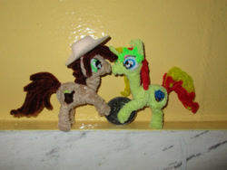 Size: 1600x1201 | Tagged: safe, artist:malte279, imported from derpibooru, part of a set, oc, oc:canni soda, oc:miss libussa, earth pony, unicorn, chenille, chenille stems, chenille wire, coin, craft, hat, part of a series, sculpture
