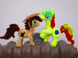 Size: 5152x3864 | Tagged: safe, alternate version, artist:malte279, imported from derpibooru, part of a set, oc, oc:canni soda, oc:miss libussa, earth pony, unicorn, chenille, chenille stems, chenille wire, coin, craft, hat, part of a series, sculpture