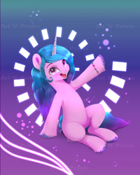 Size: 1510x1885 | Tagged: safe, artist:darksly, imported from derpibooru, izzy moonbow, pony, unicorn, bracelet, cute, female, g5, izzybetes, jewelry, looking at you, mare, open mouth, open smile, raised hoof, sitting, smiling, solo, unshorn fetlocks