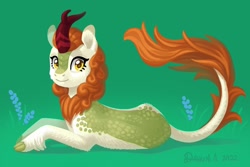 Size: 1062x708 | Tagged: safe, artist:dany-the-hell-fox, imported from derpibooru, autumn blaze, kirin, awwtumn blaze, cloven hooves, cute, female, flower, foal's breath, green background, looking at you, lying down, mare, simple background, solo