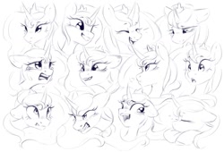 Size: 1503x1024 | Tagged: safe, artist:melodylibris, imported from derpibooru, princess luna, alicorn, pony, angry, black and white, blushing, breath, bust, calendar of lunas, crying, emanata, expressions, eyes closed, female, floppy ears, frown, grayscale, gritted teeth, head on hoof, laughing, licking, licking lips, looking at something, looking away, looking down, looking sideways, mare, monochrome, multeity, open mouth, open smile, profile, sad, simple background, sketch, sketch dump, sleeping, smiling, snarling, solo, surprised, teary eyes, teeth, three quarter view, tongue out, white background