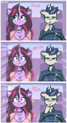 Size: 1344x2451 | Tagged: safe, artist:xjenn9, imported from derpibooru, oc, oc only, oc:dalorance, anthro, unicorn, 3 panel comic, blushing, breasts, car, cleavage, comic, driving, female, horn, jewelry, male, necklace, sparkles, text