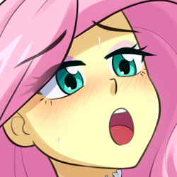 Size: 500x500 | Tagged: safe, artist:riouku, imported from derpibooru, fluttershy, human, equestria girls, :o, blushing, bust, cropped, cropped porn, eyeshadow, female, makeup, open mouth, solo, sweat, sweatdrop, tongue out