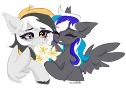 Size: 2210x1556 | Tagged: safe, artist:sunnlich, imported from derpibooru, oc, oc only, oc:flaming dune, oc:storm cloud river's, pegasus, pony, blushing, bouquet, bouquet of flowers, bust, cute, duo, duo female, ear fluff, eyes closed, female, flower, freckles, happy, heterochromia, looking at each other, looking at someone, mare, multicolored mane, oc x oc, pegasus oc, shipping, simple background, smiling, smiling at each other, spread wings, white background, wings