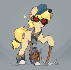 Size: 1092x1073 | Tagged: safe, artist:rexyseven, imported from derpibooru, oc, oc only, oc:drillie stone, earth pony, pony, amputee, boots, cap, converse, female, goggles, hat, looking at you, mare, pickaxe, prosthetic limb, prosthetics, shoes, smiling, solo, steampunk