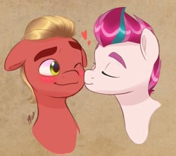 Size: 1281x1131 | Tagged: safe, artist:artharuhi, imported from derpibooru, sprout cloverleaf, zipp storm, earth pony, pegasus, pony, adorazipp, blushing, cheek kiss, cute, duo, female, g5, kissing, male, mare, my little pony: a new generation, shipping, sproutbetes, stallion, straight, zippsprout