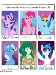 Size: 768x1024 | Tagged: safe, artist:yaboygene, imported from derpibooru, dj pon-3, pinkie pie, rainbow dash, starlight glimmer, trixie, vinyl scratch, wallflower blush, earth pony, human, pegasus, pony, unicorn, six fanarts, female, horn, mare, multiple characters, simple background, spread wings, wings