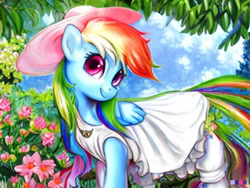 Size: 512x384 | Tagged: safe, edit, editor:diego96, imported from derpibooru, rainbow dash, pegasus, pony, ai content, ai generated, cute, dashabetes, female, flower, generator:purplesmart.ai, generator:stable diffusion, hat, looking at you, mare, scenery, solo, wings