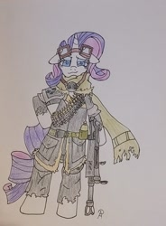Size: 1287x1753 | Tagged: safe, artist:eclipse flower, imported from derpibooru, rarity, pony, unicorn, bipedal, floppy ears, goggles, gun, solo, traditional art, weapon