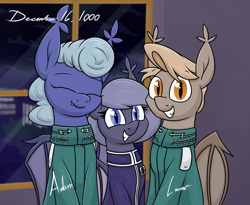 Size: 1676x1377 | Tagged: safe, artist:moonatik, imported from derpibooru, oc, oc only, oc:auburn leaf, oc:lucent eclipse, oc:selenite, bat pony, pony, equestria at war mod, alternate timeline, bat pony oc, city, clothes, cute, female, hair bun, looking at you, male, mare, military pony, military uniform, new lunar millennium, night, nightmare takeover timeline, smiling, stallion, uniform, window, wings, writing