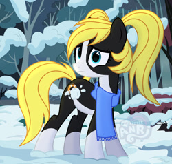 Size: 1280x1219 | Tagged: safe, artist:emperor-anri, imported from derpibooru, oc, oc only, earth pony, pony, clothes, coat markings, earth pony oc, female, mare, outdoors, scarf, snow, socks (coat markings), solo, worried