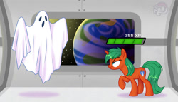 Size: 1280x732 | Tagged: safe, artist:emperor-anri, imported from derpibooru, oc, oc only, ghost, pony, undead, unicorn, bedsheet ghost, earth, horn, life bar, planet, raised hoof, space, space station, stars, unicorn oc
