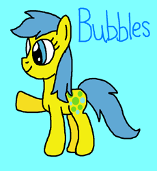 Size: 817x887 | Tagged: safe, artist:brobbol, imported from derpibooru, bubbles (g1), earth pony, pony, 1000 hours in ms paint, adorabubbles, blue background, coat markings, cute, cyan background, facial markings, female, g1, g1 to g4, g4, generation leap, mare, ms paint, paint.net, raised arm, raised leg, simple background, smiling, solo, star (coat marking)