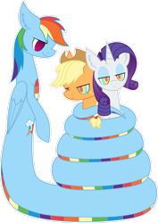 Size: 2059x2912 | Tagged: safe, artist:emc-blingds, imported from derpibooru, applejack, rainbow dash, rarity, earth pony, lamia, pony, unicorn, bedroom eyes, coils, hypno eyes, hypnojack, hypnority, hypnosis, hypnotized, kaa eyes, lamiafied, rainbow coils, simple background, species swap, transparent background, wings