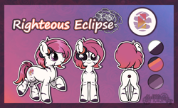 Size: 2500x1524 | Tagged: safe, artist:helithusvy, oc, oc:righteous eclipse, oc:zorse, hybrid, pony, zony, cute, female, mare, red mane, reference sheet, solo, stripes, zony oc, zorse