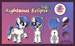 Size: 2500x1524 | Tagged: safe, artist:helithusvy, oc, oc:righteous eclipse, oc:zorse, hybrid, pony, zony, blue mane, cute, female, mare, reference sheet, solo, stripes, zony oc, zorse