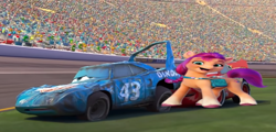 Size: 1205x580 | Tagged: safe, imported from derpibooru, sunny starscout, 1000 years in photoshop, car, damaged the king, disney cars, g5, the king