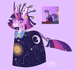 Size: 540x505 | Tagged: safe, artist:sakishithewolf, imported from twibooru, twilight sparkle, pony, unicorn, suited for success, accessories, alternate design, bow, cloak, clothes, female, image, leonine tail, mare, outfit, png, purple background, simple background, solo, tail bow, unicorn twilight