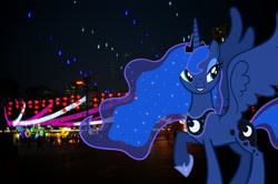 Size: 2048x1363 | Tagged: safe, artist:jaredking779, artist:santafer, imported from derpibooru, princess luna, alicorn, pony, crown, female, hong kong, hoof shoes, irl, jewelry, looking at you, mare, night, photo, ponies in real life, regalia, smiling, solo, spread wings, story included, wings