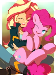 Size: 1200x1600 | Tagged: safe, artist:rockset, imported from derpibooru, pinkie pie, sunset shimmer, earth pony, human, pony, equestria girls, cuddling, cute, diapinkes, duo, duo female, eyes closed, female, holding a pony, hug, hugging a pony, one eye closed, open mouth, open smile, shimmerbetes, smiling