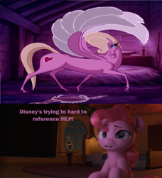 Size: 1816x1992 | Tagged: safe, artist:thegamerpainter, artist:therealdjthed, edit, edited screencap, imported from derpibooru, screencap, pinkie pie, earth pony, horse, pegasus, pony, 3d, comic, disney, hercules, logo, looking at you, pinkie being pinkie, spoilers for another series, text