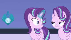 Size: 1436x810 | Tagged: safe, artist:forgalorga, imported from derpibooru, starlight glimmer, alicorn, pony, alicornified, are you fucking kidding me, crystal, duality, glow, glowing horn, horn, levitation, looking at each other, looking at someone, magic, meme face, race swap, self paradox, self ponidox, seriously, starlicorn, telekinesis, xk-class end-of-the-world scenario