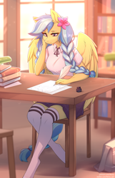 Size: 1934x3002 | Tagged: safe, alternate version, artist:fensu-san, imported from derpibooru, oc, oc only, oc:jeppesen, anthro, pegasus, unguligrade anthro, bag, beautiful, book, bookshelf, bowtie, braid, braided tail, breasts, briefcase, chair, clothes, commission, cottagecore, crepuscular rays, cute, desk, female, flower, flower in hair, indoors, ink, inkwell, kneesocks, lamp, legs, library, lidded eyes, lined paper, long hair, long tail, mare, plaid skirt, pleated skirt, quill, quill pen, reasonably sized breasts, scenery, school bag, school uniform, schoolgirl, shirt, sitting, skirt, smiling, socks, solo, spread wings, stockings, striped socks, studying, tail, thigh highs, twin braids, uniform, white socks, window, wing fluff, wings, writing, zettai ryouiki