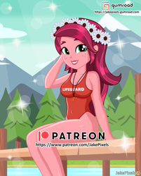 Size: 601x749 | Tagged: safe, artist:jakepixels, imported from derpibooru, gloriosa daisy, human, equestria girls, legend of everfree, adorasexy, bare legs, breasts, busty gloriosa daisy, clothes, cute, daisybetes, female, forest, gumroad, gumroad logo, lake, lifeguard, looking at you, mountain, patreon, patreon logo, pier, red swimsuit, seductive pose, sexy, smiling, smiling at you, solo, stupid sexy gloriosa daisy, swimsuit, water, whistle, whistle necklace