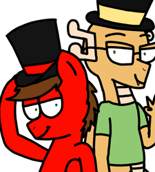 Size: 1275x1414 | Tagged: safe, artist:professorventurer, imported from derpibooru, oc, oc:myoozik the dragon, oc:professor venturer, dragon, pegasus, pony, duo, duo male, hat, hat tip, male, peace sign, requested art, stallion, top hat