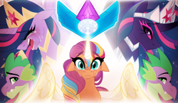 Size: 5039x2929 | Tagged: safe, artist:inspiredpixels, imported from derpibooru, spike, sunny starscout, twilight sparkle, oc, oc:everlight everlasting, alicorn, dragon, pony, artificial alicorn, artificial horn, artificial wings, augmented, braided ponytail, crying, crystal, drake, earth pony crystal, evil twilight, female, floppy ears, flowing mane, g5, high res, horn, magic, magic horn, magic wings, male, mare, multicolored hair, my little pony: a new generation, pegasus crystal, race swap, rainbow hair, sunnycorn, twilight sparkle (alicorn), unicorn crystal, unity crystals, wings